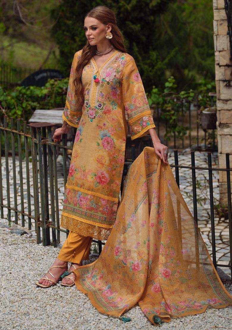 Yellow Printed Linen Pakistani Suit Set - Indya