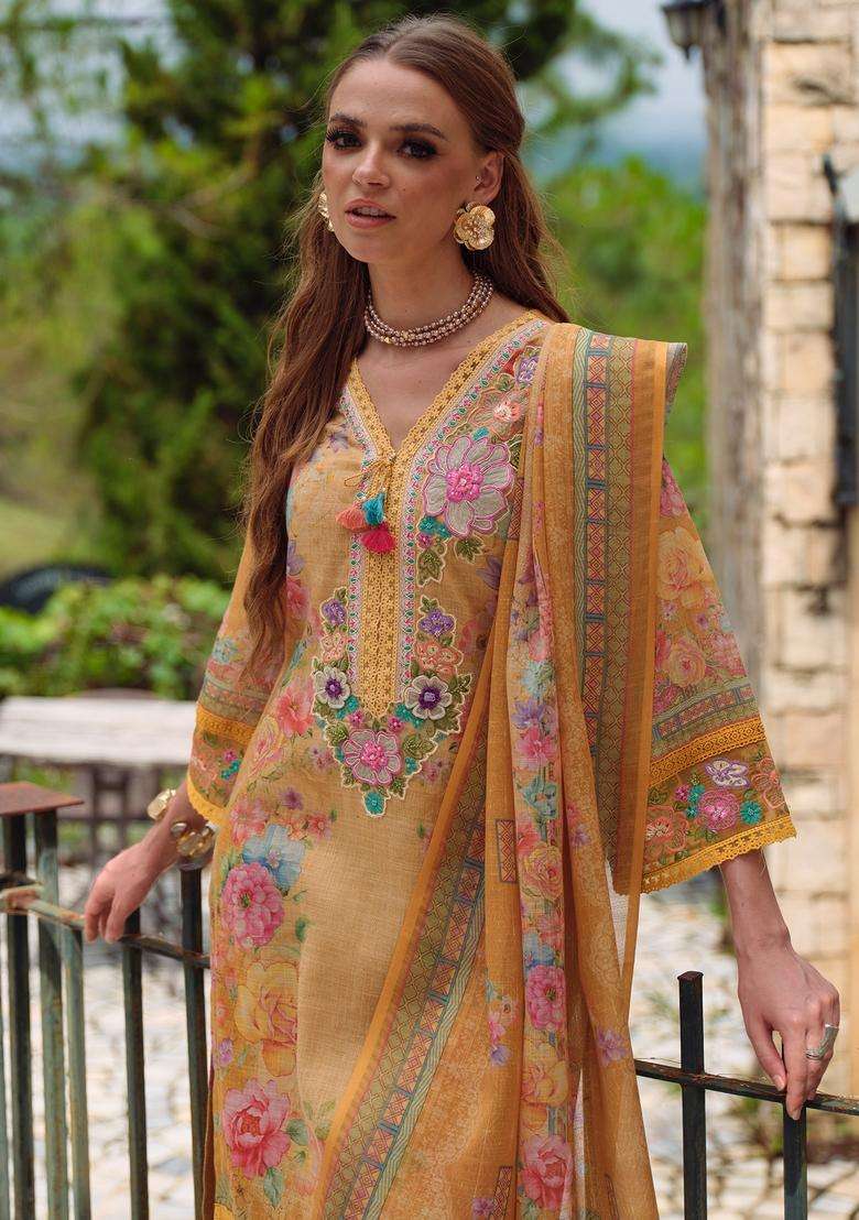Yellow Printed Linen Pakistani Suit Set - Indya