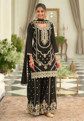 Black Embroidery Chinnon Kurta Set