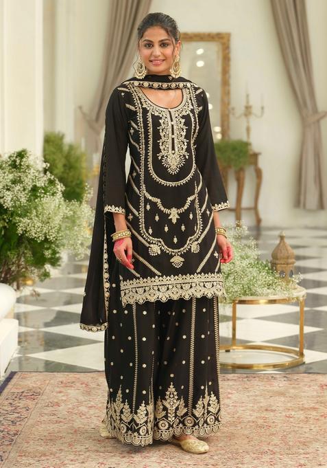 Black Embroidery Chinnon Kurta Set