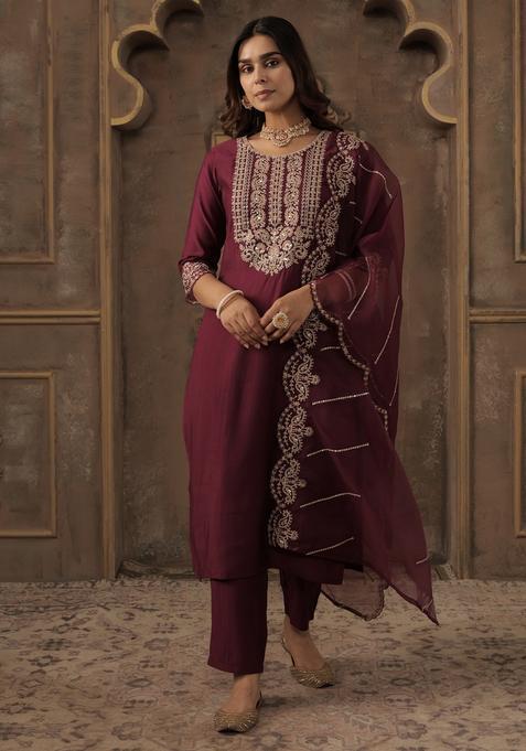 Burgundy Embroidery Liva Kurta Set