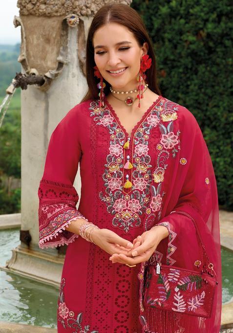 Red Embroidery Silk Blend Kurta Set