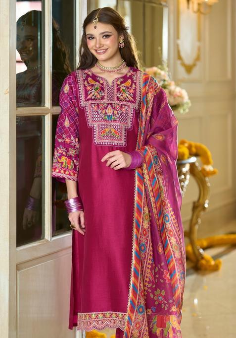 Pink Embroidery Silk Blend Kurta Set