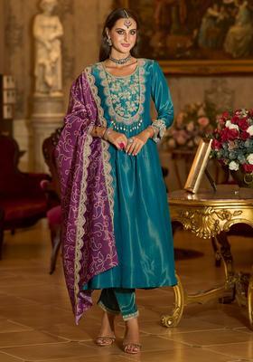 Blue Embroidery Silk Blend Kurta Set