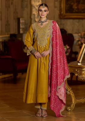 Yellow Embroidery Silk Blend Kurta Set