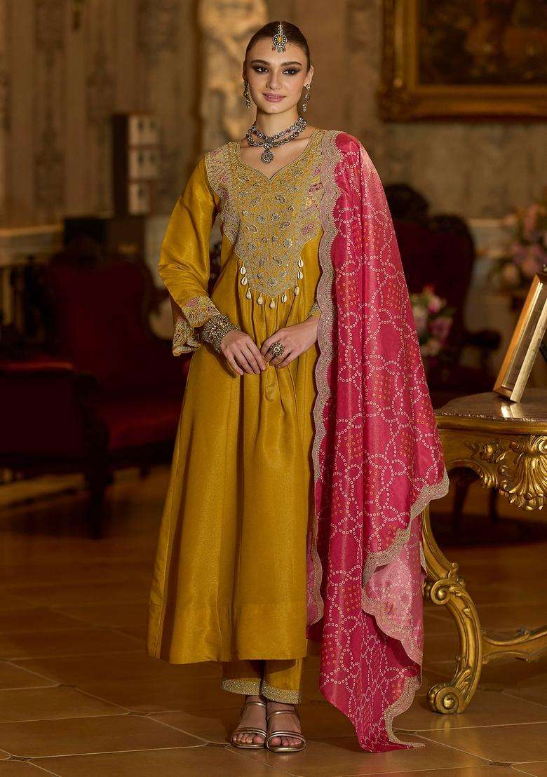 Yellow Embroidered Blended Pakistani Suit Set - Indya