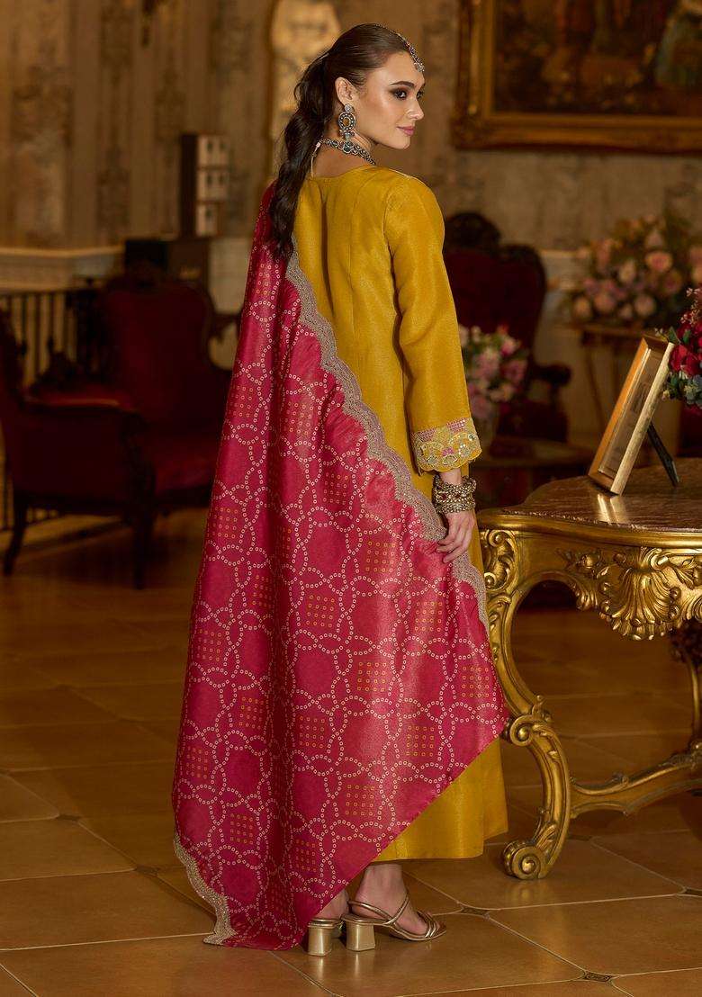 Yellow Embroidered Blended Pakistani Suit Set - Indya