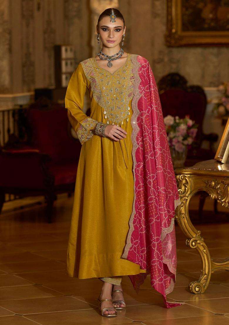 Yellow Embroidered Blended Pakistani Suit Set - Indya