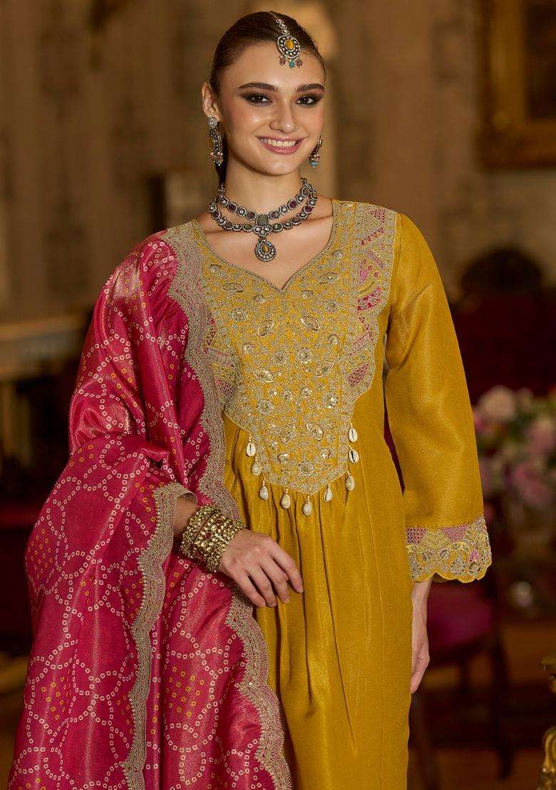 Yellow Embroidered Blended Pakistani Suit Set - Indya