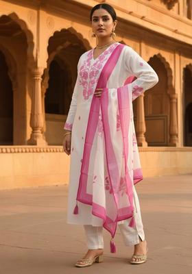 White Embroidery Viscose Rayon Kurta Set