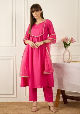 Pink Embroidery Cotton Kurta Set