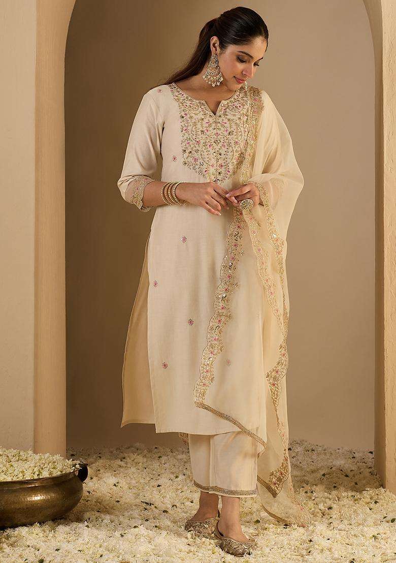 Off White Embroidered Liva Straight Kurta Set - Indya