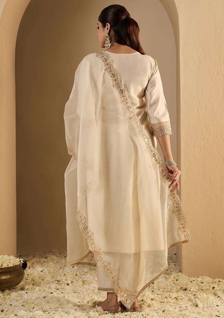 Off White Embroidered Liva Straight Kurta Set - Indya