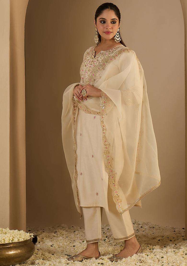 Off White Embroidered Liva Straight Kurta Set - Indya