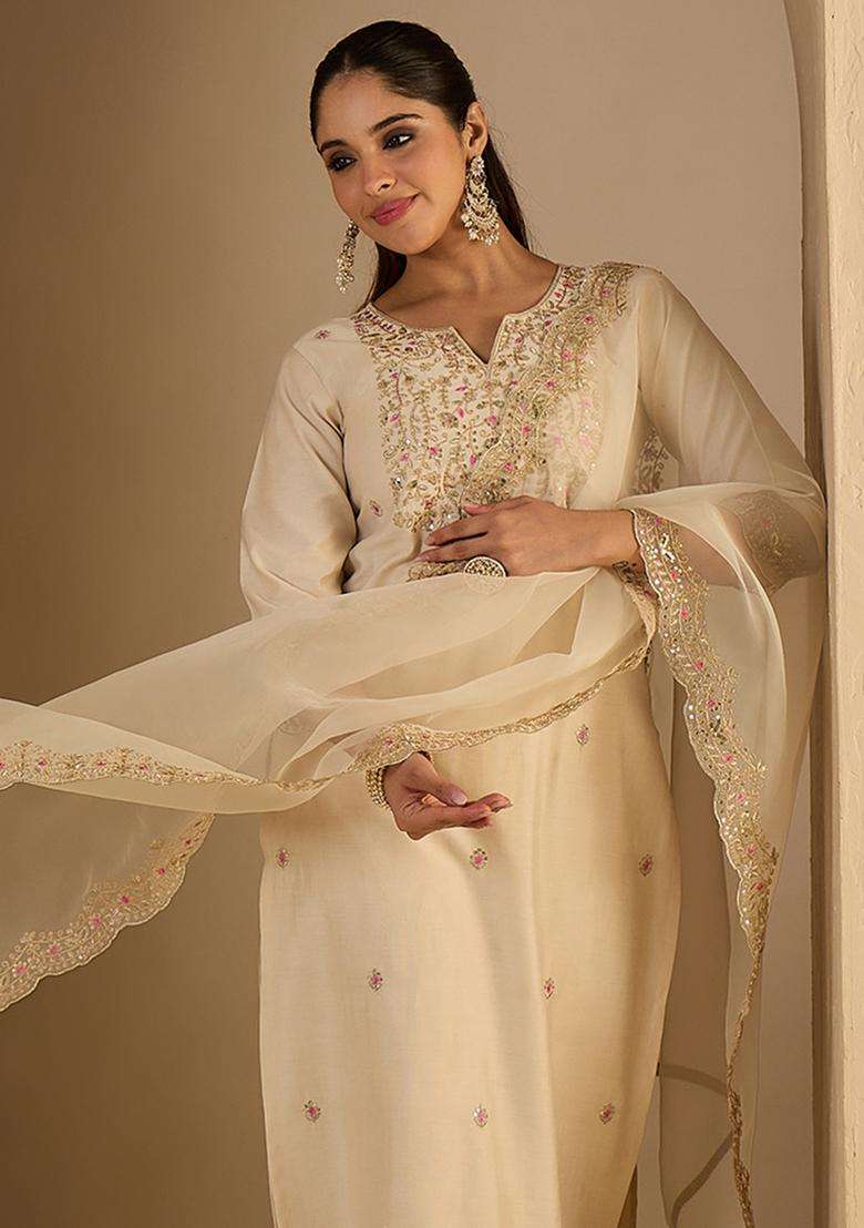 Off White Embroidered Liva Straight Kurta Set - Indya
