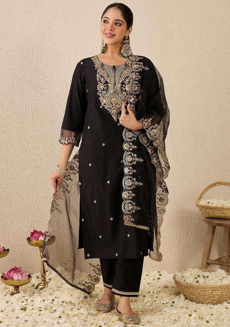 Black Embroidered Liva Straight Kurta Set - Indya