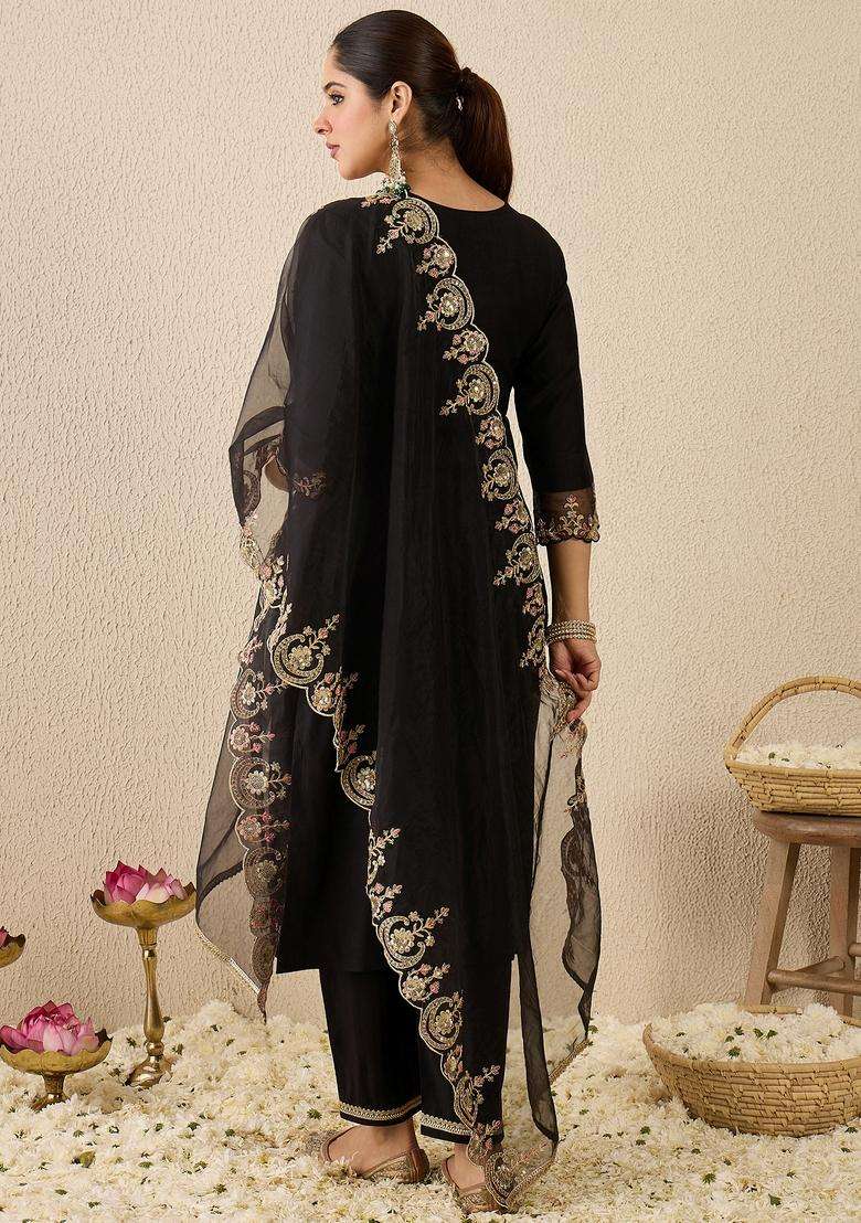 Black Embroidered Liva Straight Kurta Set - Indya