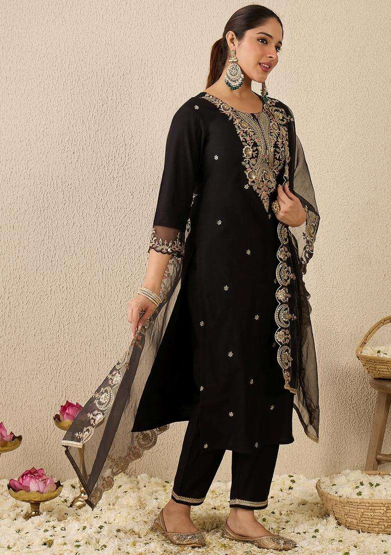 Black Embroidered Liva Straight Kurta Set - Indya