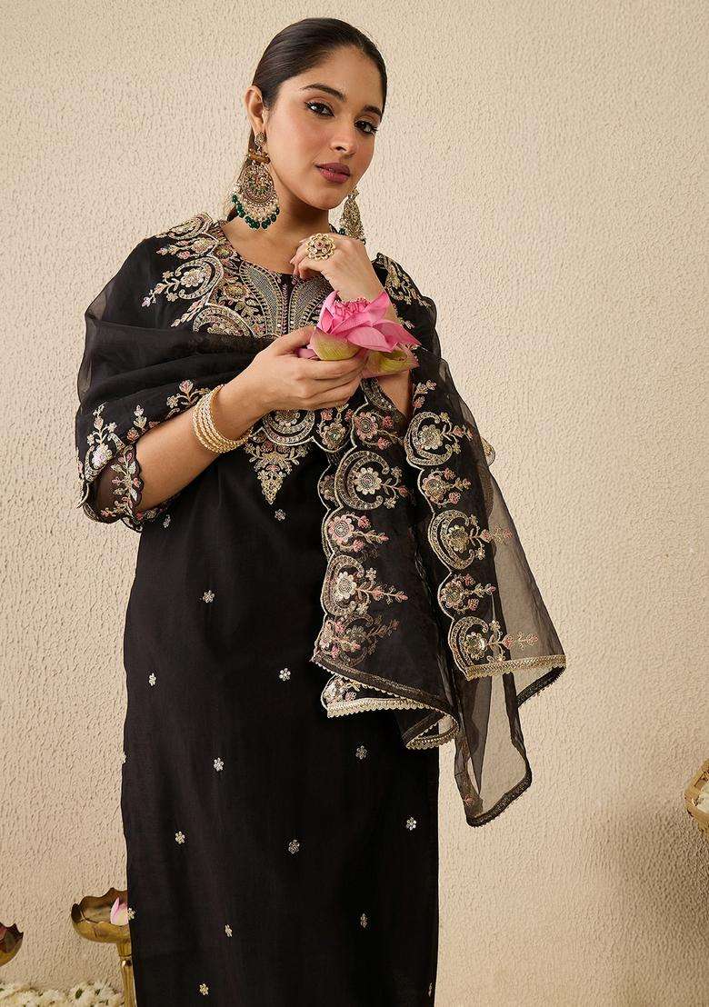Black Embroidered Liva Straight Kurta Set - Indya