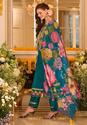 Teal Embroidery Silk Blend Kurta Set