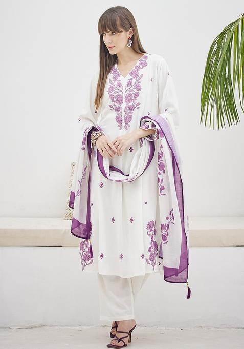 White Embroidery Viscose Rayon Kurta Set