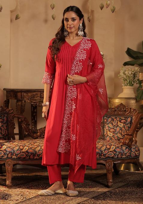 Pink Embroidery Viscose Rayon Kurta Set