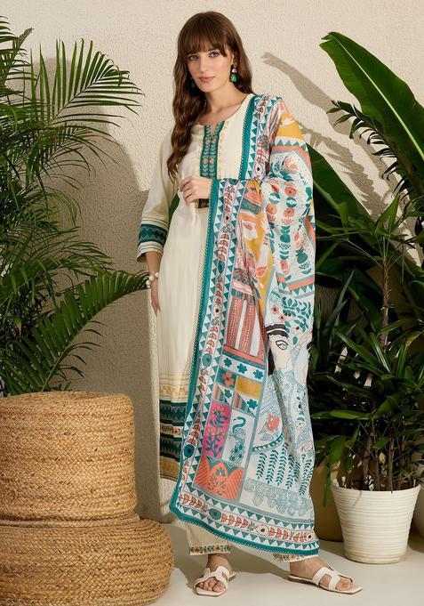 Cream Embroidery Viscose Rayon Kurta Set