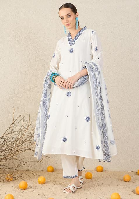 White Embroidery Cotton Kurta Set