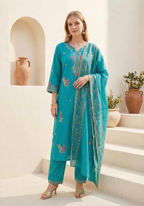 Blue Embroidery Viscose Rayon Kurta Set