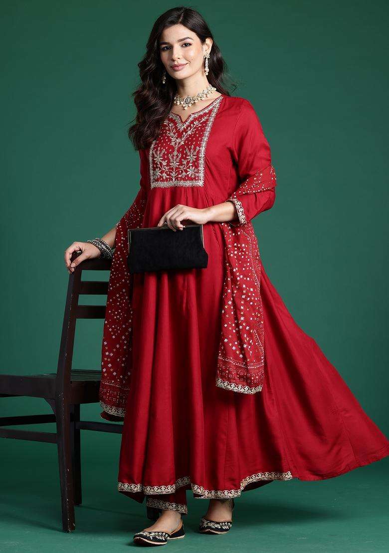 Maroon Embroidered Rayon Anarkali Set - Indya