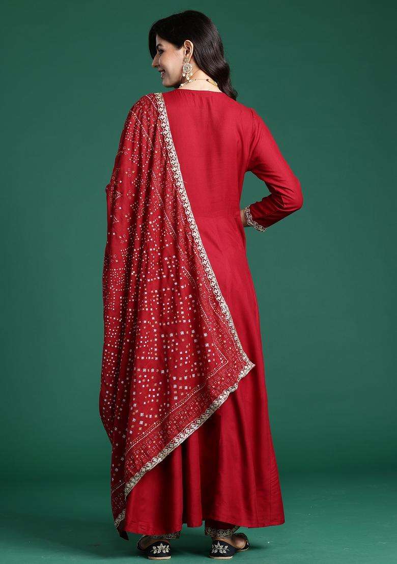 Maroon Embroidered Rayon Anarkali Set - Indya