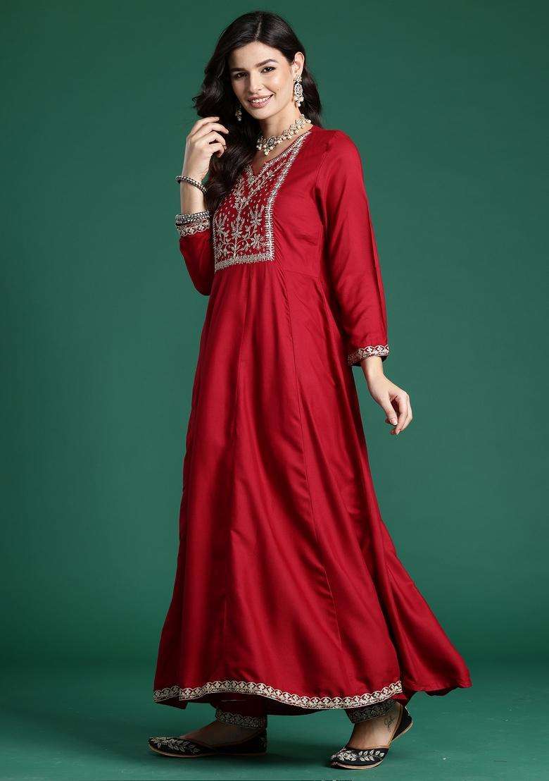 Maroon Embroidered Rayon Anarkali Set - Indya