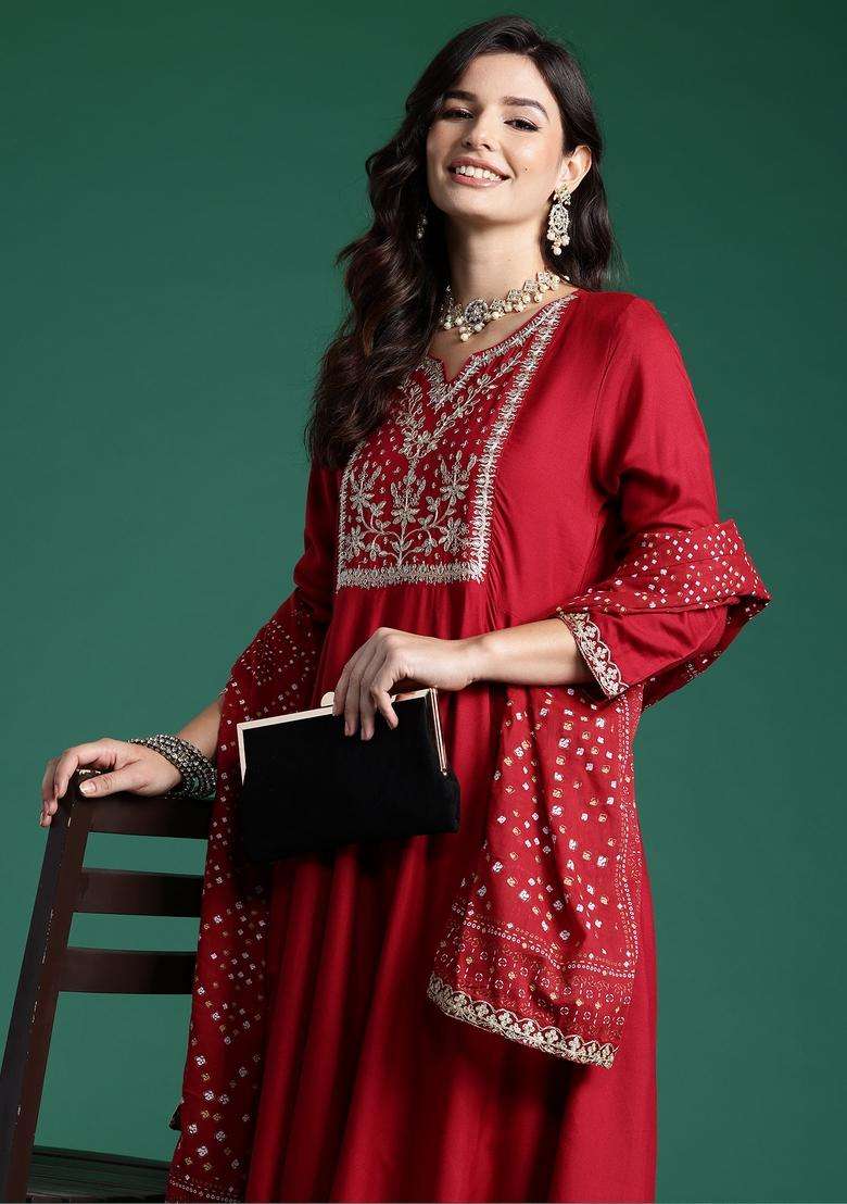 Maroon Embroidered Rayon Anarkali Set - Indya