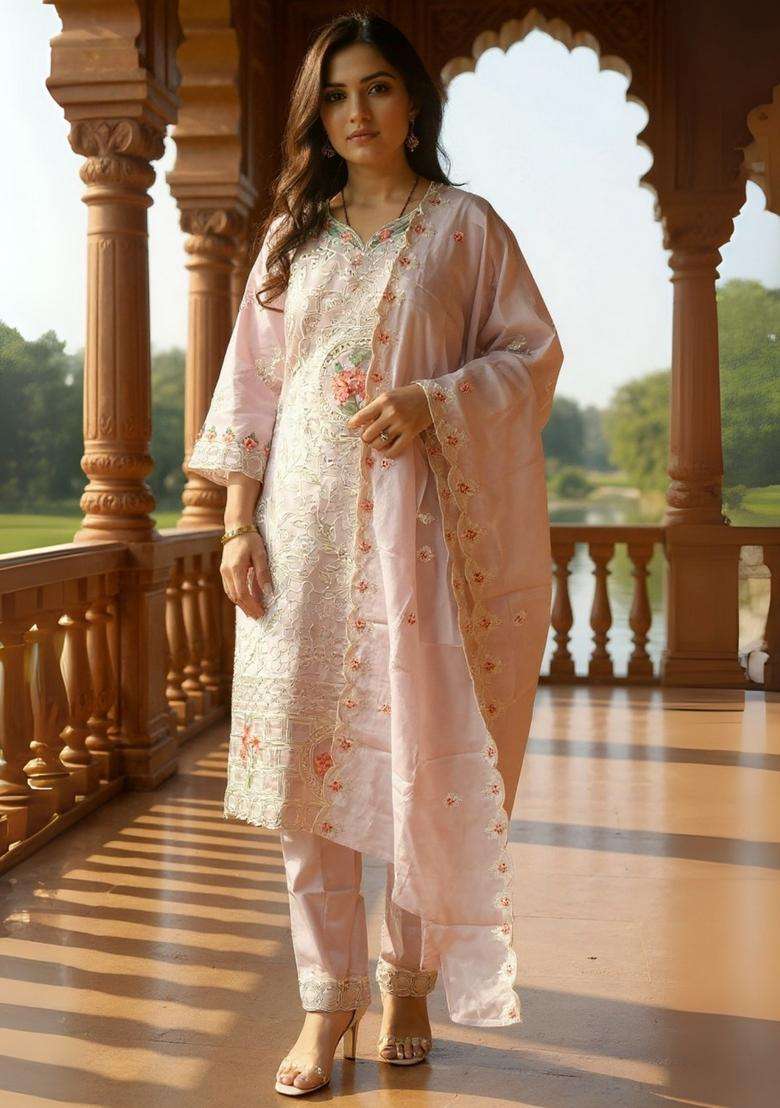 Lavender Chikankari Cotton Straight Kurta Set - Indya
