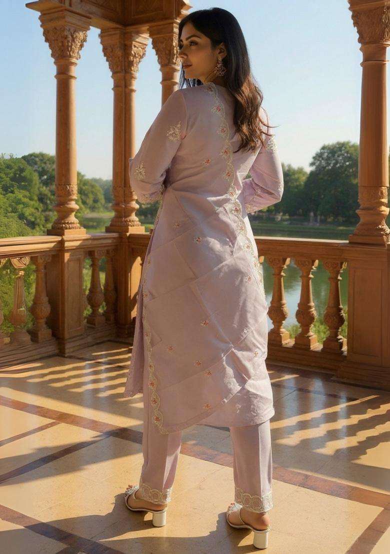 Lavender Chikankari Cotton Straight Kurta Set - Indya