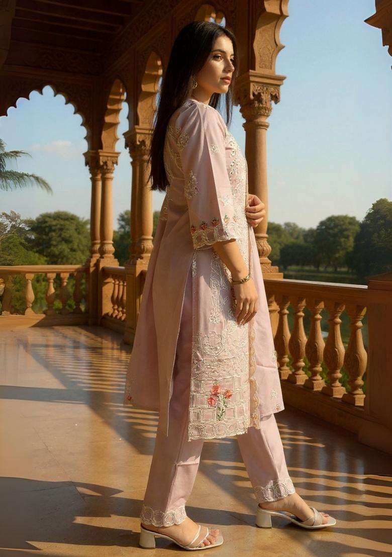 Lavender Chikankari Cotton Straight Kurta Set - Indya