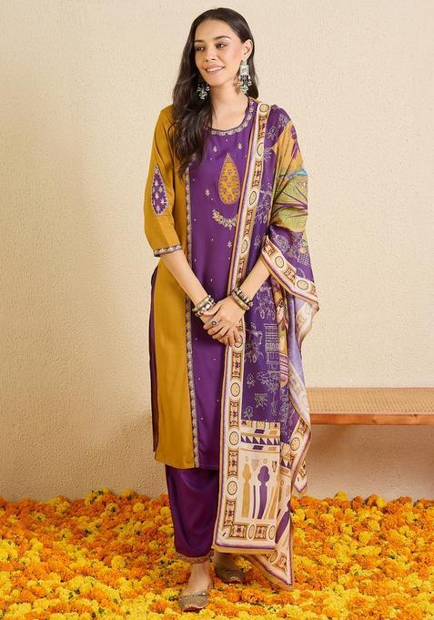 Purple Embroidery Viscose Rayon Kurta Set