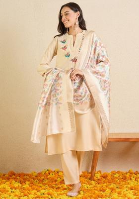 Off White Embroidery Silk Blend Kurta Set