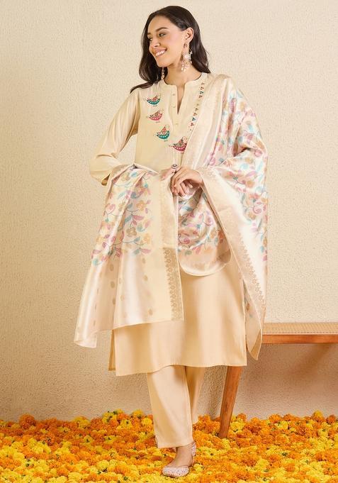 Off White Embroidery Silk Blend Kurta Set