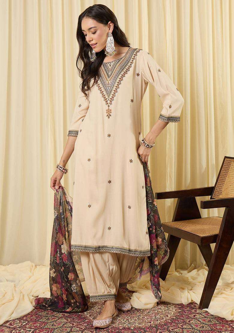 Cream Embroidered Rayon Straight Kurta Set - Indya