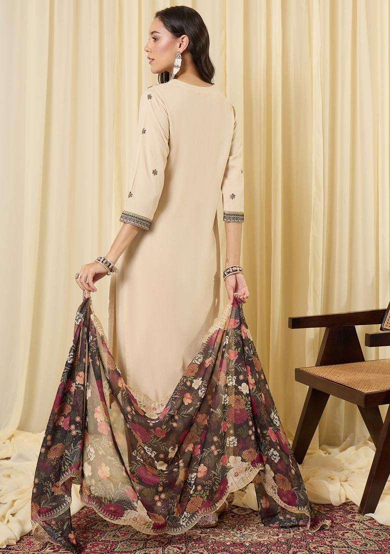 Cream Embroidered Rayon Straight Kurta Set - Indya