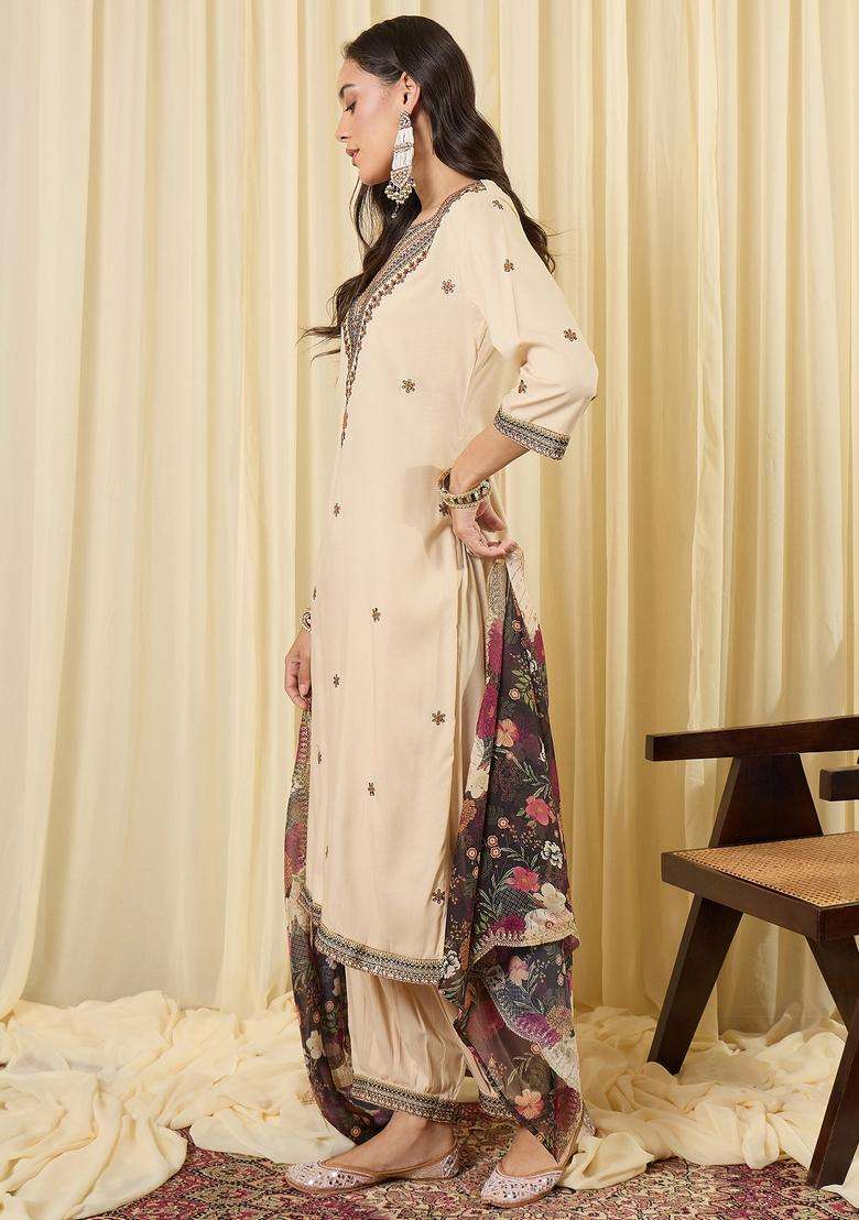 Cream Embroidered Rayon Straight Kurta Set - Indya