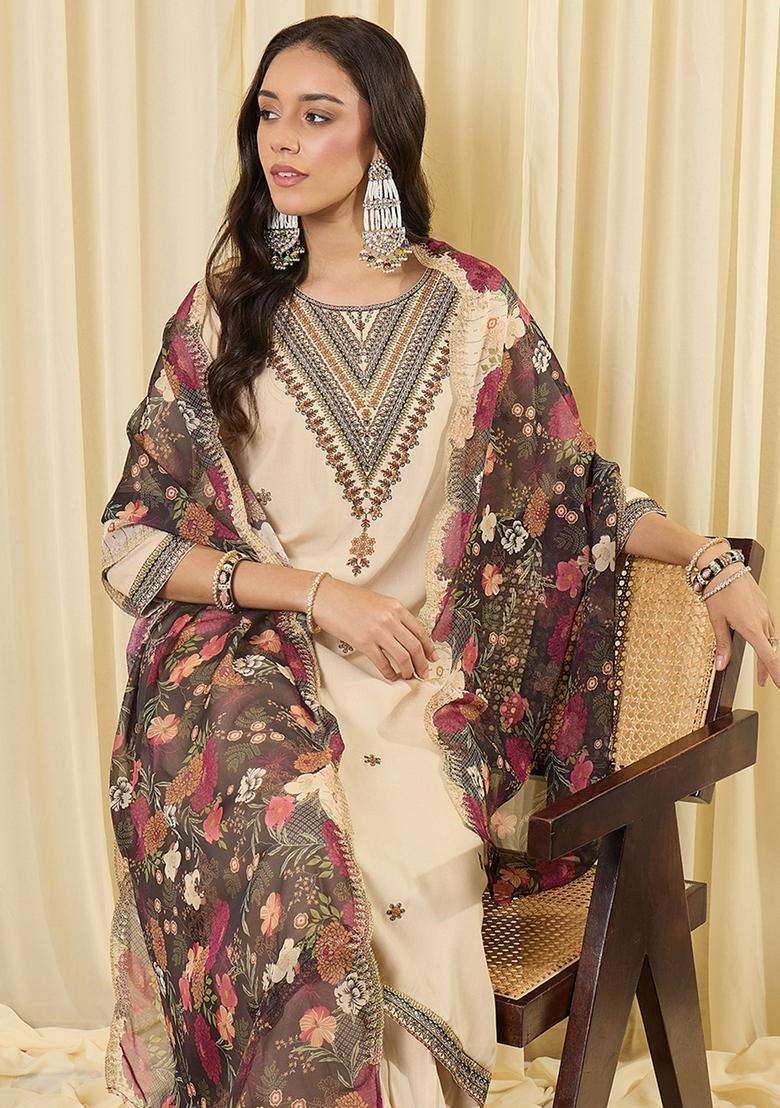 Cream Embroidered Rayon Straight Kurta Set - Indya
