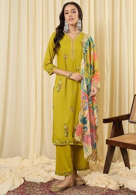 Green Embroidery Viscose Rayon Kurta Set