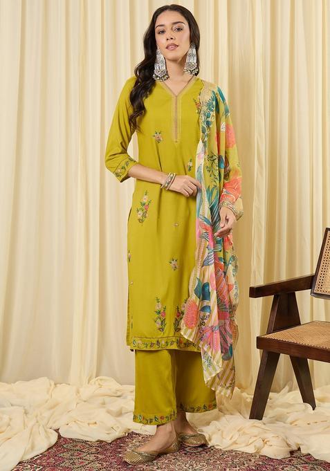 Green Embroidery Viscose Rayon Kurta Set