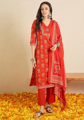 Rust Embroidery Cotton Kurta Set