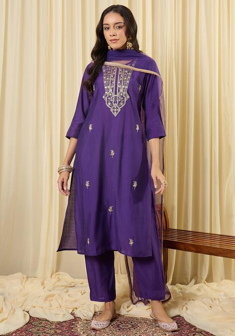 Purple Embroidery Silk Blend Kurta Set