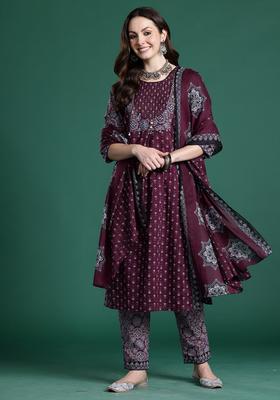 Maroon Embroidery Cotton Kurta Set