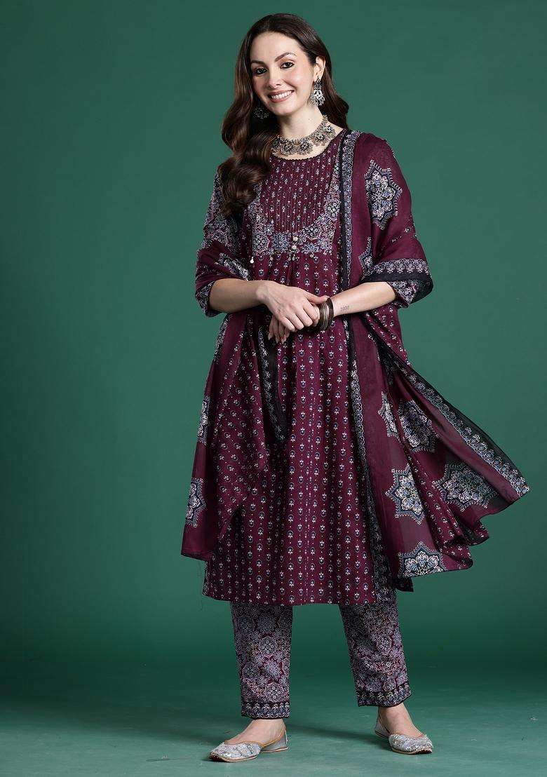 Maroon Printed Cotton A Line Kurta Set - Indya