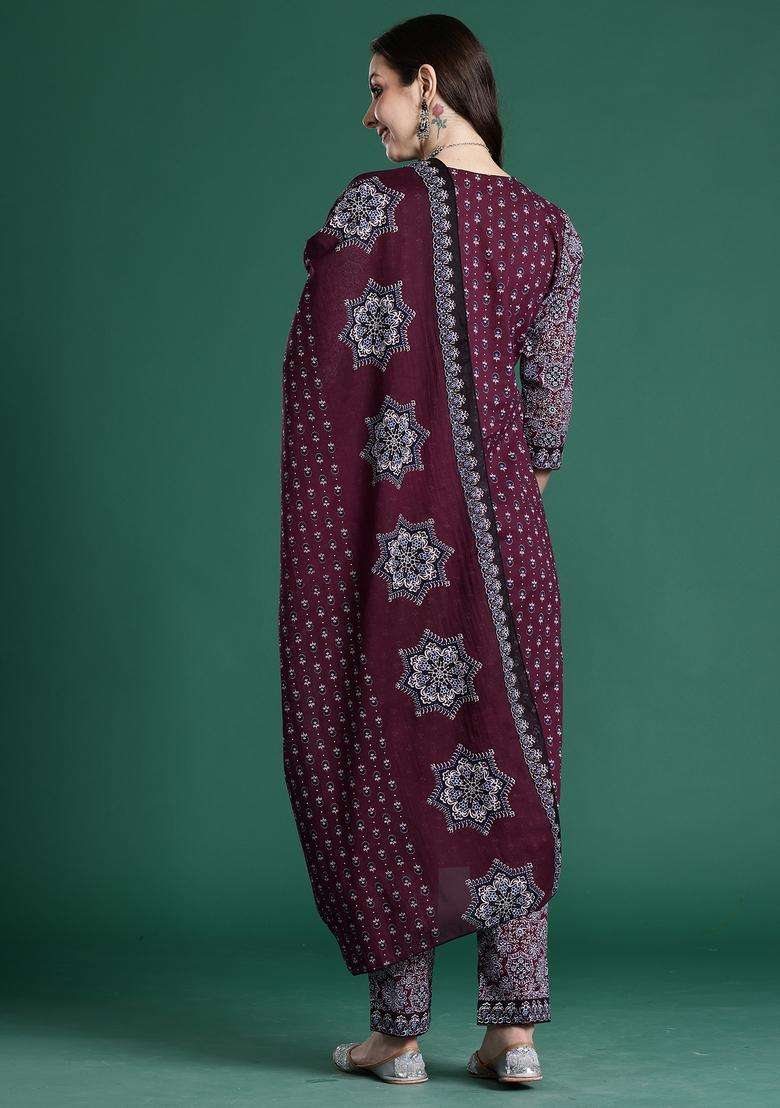 Maroon Printed Cotton A Line Kurta Set - Indya